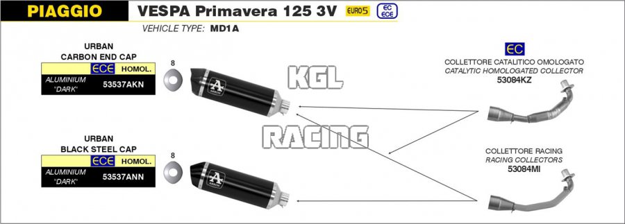 Arrow voor Piaggio VESPA Primavera 125 3V 2021-2022 - Racecollector voor Urban Exhaust - Klik op de afbeelding om het venster te sluiten