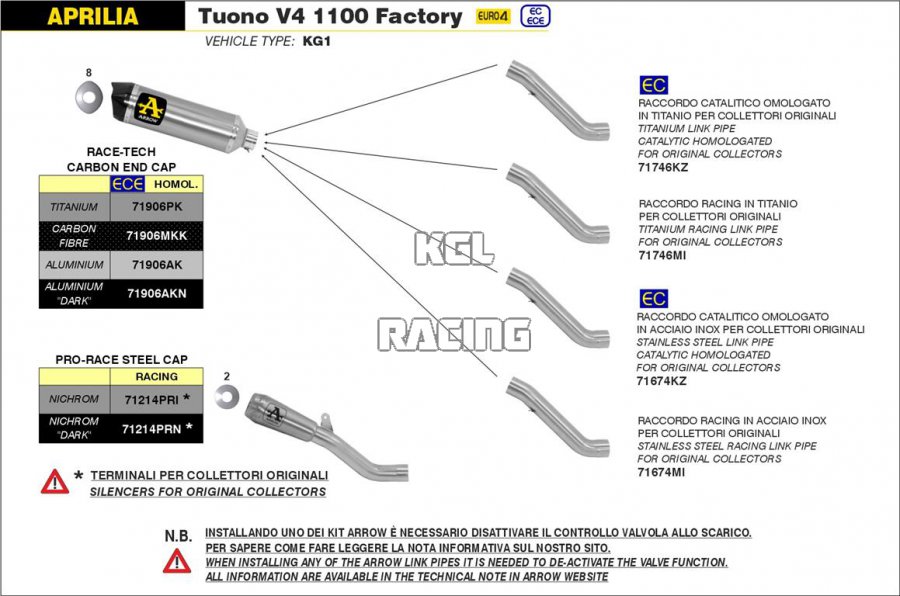 Arrow pour Aprilia TUONO V4 1100 2019-2020 - Raccord catalytique homologue en acier pour collecteurs d'origine - Cliquez sur l'image pour la fermer