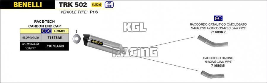 Arrow voor Benelli TRK 502 2017-2020 - Race-Tech aluminium demper met carbon eindkap - Klik op de afbeelding om het venster te sluiten