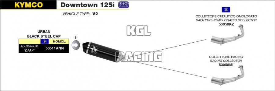 Arrow for Kymco DOWNTOWN 125i 2009-2016 - Urban aluminium Dark silencer with Dark end cap - Click Image to Close