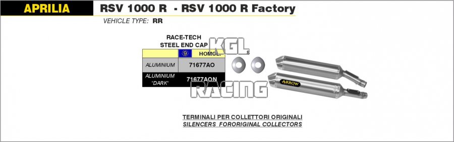 Arrow pour Aprilia RSV 1000 R / R Factory 2004-2008 - Silencieux Race-Tech Aluminium approuves (droite et gauche) - Cliquez sur l'image pour la fermer