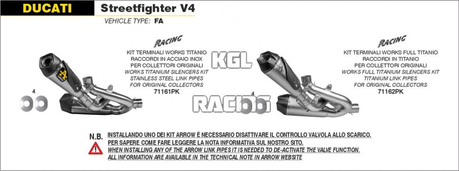 Arrow voor Ducati Streetfighter V4 2020-2022 - Titanium Works dempers (rechts en links) met RVS linkpipeen - Klik op de afbeelding om het venster te sluiten
