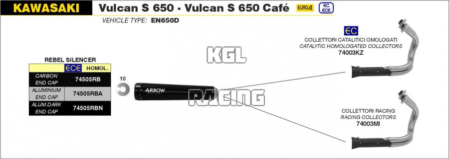 Arrow voor Kawasaki Vulcan S 650 2017-2020 - Katalytisch gehomologeerde collectorkit voor Rebel-demper - Klik op de afbeelding om het venster te sluiten