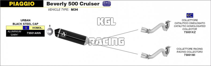 Arrow voor Piaggio BEVERLY 500 CRUISER 2007-2012 - Racecollector voor Urban Exhaust - Klik op de afbeelding om het venster te sluiten