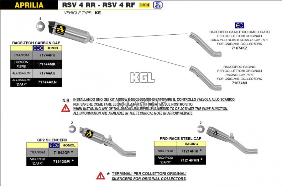 Arrow voor Aprilia RSV 4 RR / RF 2017-2018 - Katalytisch gehomologeerde linkpipe voor stock collector - Klik op de afbeelding om het venster te sluiten