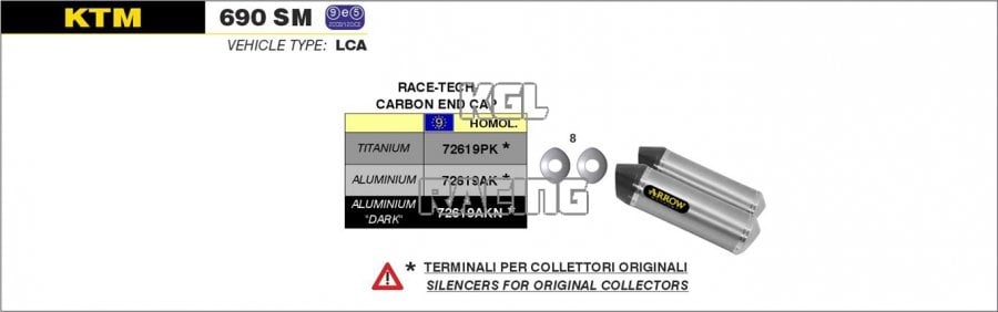 Arrow pour KTM 690 SM 2006-2012 - Silencieux Race-Tec alu (droite et gauche) avec embout en carbone pour collecteurs d'origine - Cliquez sur l'image pour la fermer