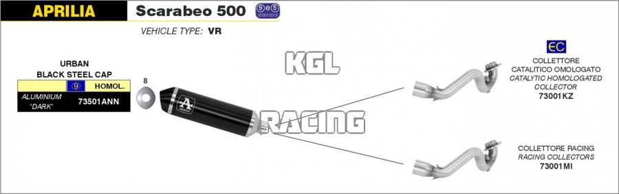 Arrow voor Aprilia SCARABEO 500 2007-2012 - Racecollector voor Urban Exhaust - Klik op de afbeelding om het venster te sluiten