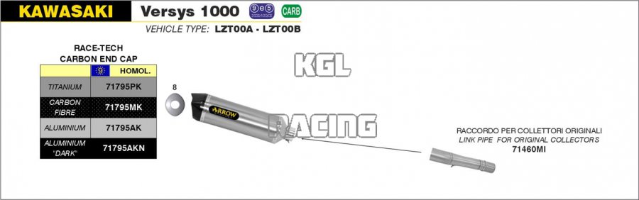 Arrow pour Kawasaki Versys 1000 2015-2016 - Silencieux carby Race-Tech avec embout en carbone - Cliquez sur l'image pour la fermer