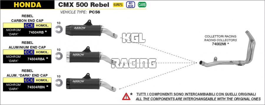 Arrow pour Honda CMX 500 Rebel 2020-2021 - Silencieaux Rebel avec embout en alu poli - Cliquez sur l'image pour la fermer