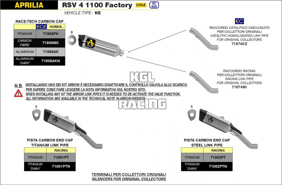 Arrow voor Aprilia RSV 4 1100 Factory 2019-2020 - Race-Tech goedgekeurde titanium demper met carbon eindkap - Klik op de afbeelding om het venster te sluiten