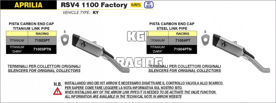 Arrow voor Aprilia RSV 4 1100 Factory 2021-2022 - Pista titanium demper met RVS linkpipe - Klik op de afbeelding om het venster te sluiten