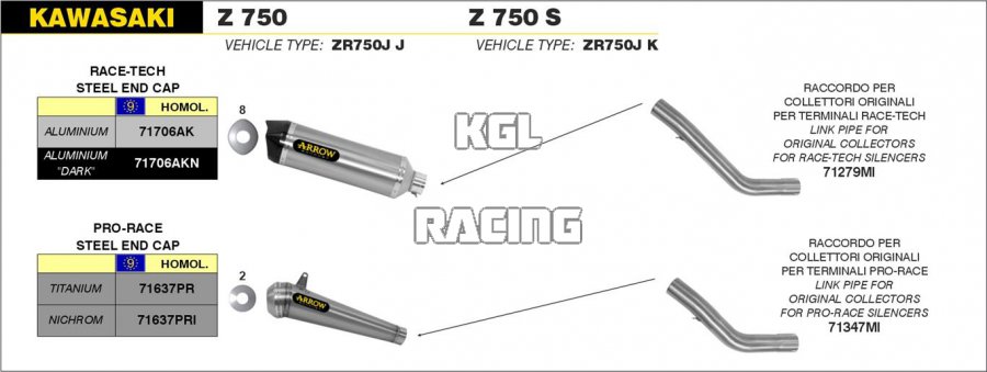 Arrow pour Kawasaki Z 750 2004-2006 - Raccords bas pour collecteurs d'origine - Cliquez sur l'image pour la fermer