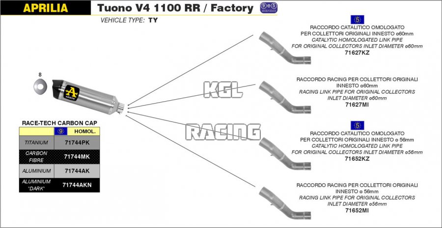Arrow voor Aprilia TUONO V4 1100 2015-2016 - Race-Tech Approved carbon demper met carbon eindkap - Klik op de afbeelding om het venster te sluiten