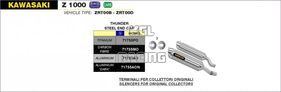 Arrow pour Kawasaki Z 1000 2010-2013 - Silencieux Thunder approuve aluminium (droite et gauche) - Cliquez sur l'image pour la fermer
