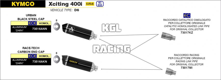 Arrow voor Kymco XCITING 400i 2017-2018 - Race-Tech aluminium Dark demper met carbon eindkap - Klik op de afbeelding om het venster te sluiten